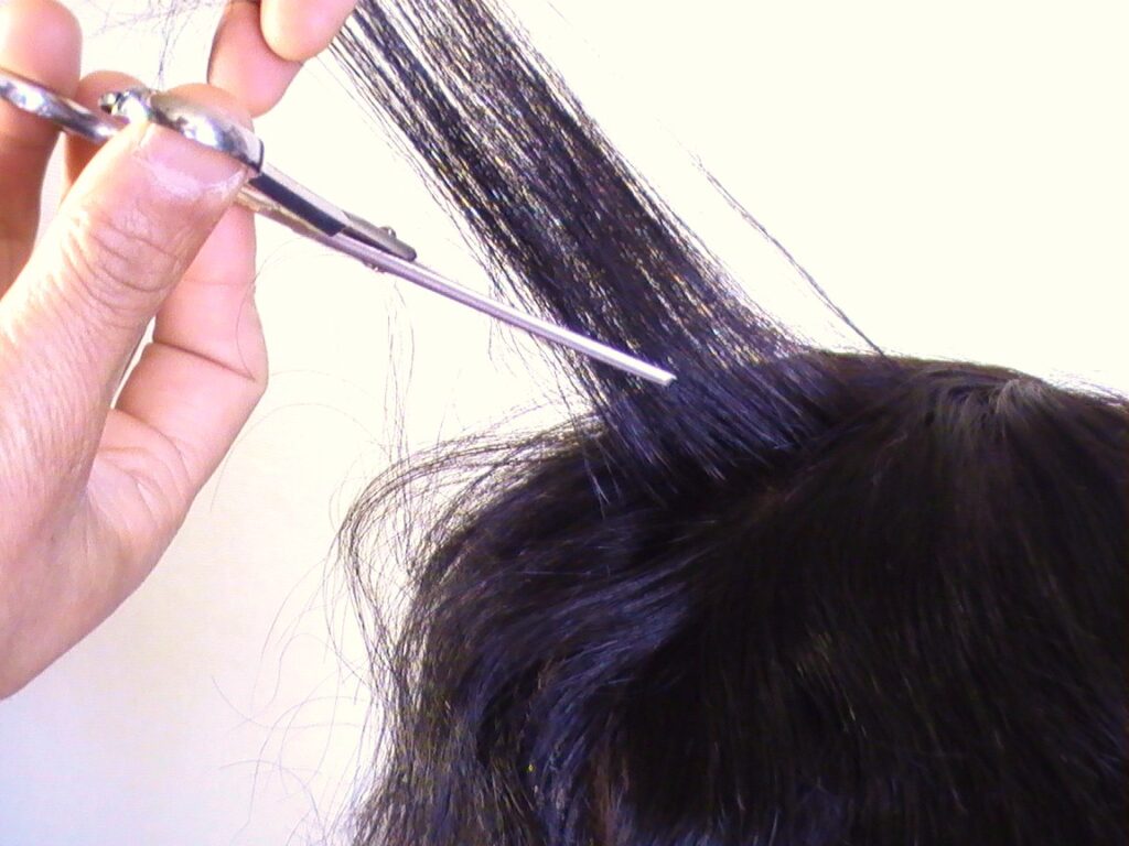 かつらのカットは梳きバサミの先端を使用する かつらのカットは梳きバサミの先端を使用する