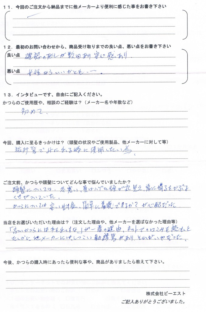 静岡県60代(かつら初めて、いつも帽子) 静岡県60代(かつら初めて、いつも帽子)