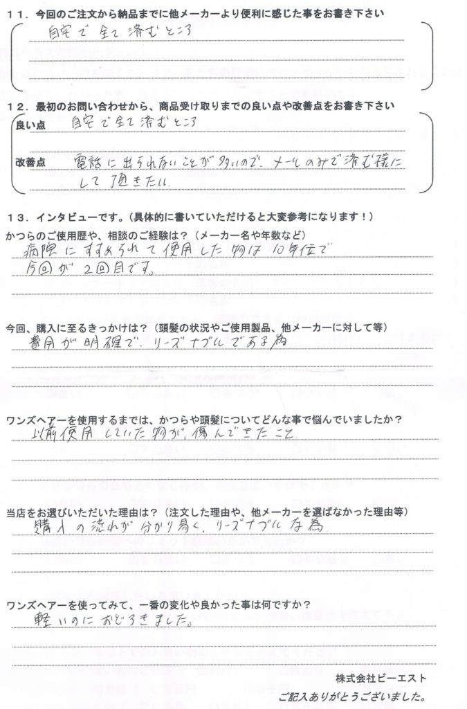 全体かつら・円形脱毛症で使用(栃木県)