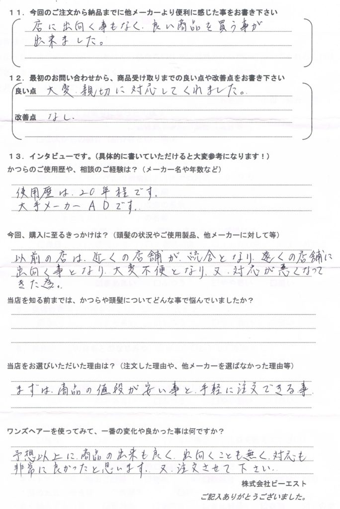 脱毛が進みかつらが小さくなった(福井県)