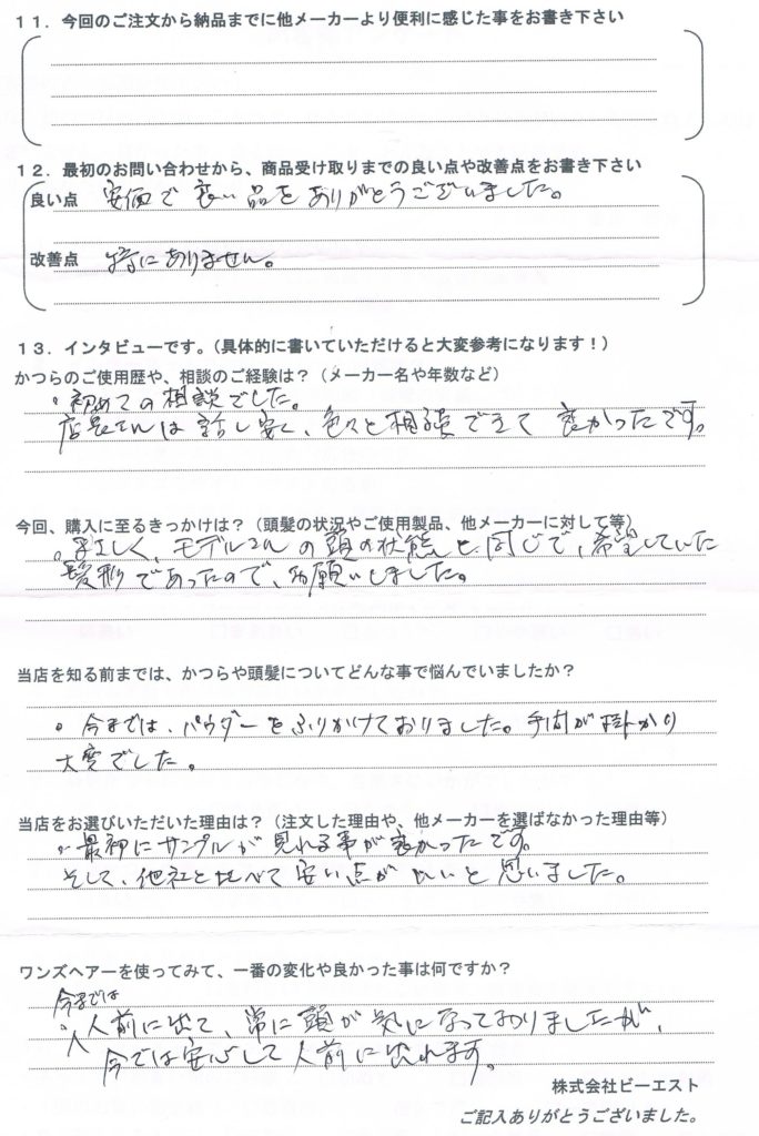 かつらは初めて。今迄は粉とスプレーで薄毛をカバー(長野県)