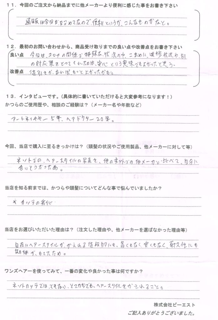 かつらの劣化と高いので注文(北海道)