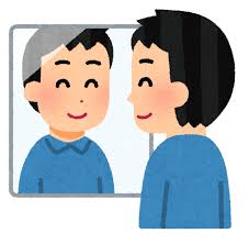 初めてのかつらで鏡を見るのが楽しい